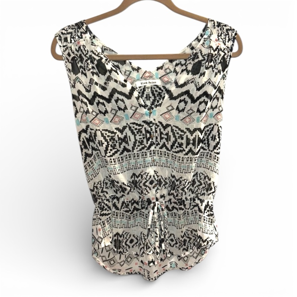 Y2K Black Rainn Semi-Sheer Print Sleeveless Peplum Top Flutter Hem Blouse Spikes
